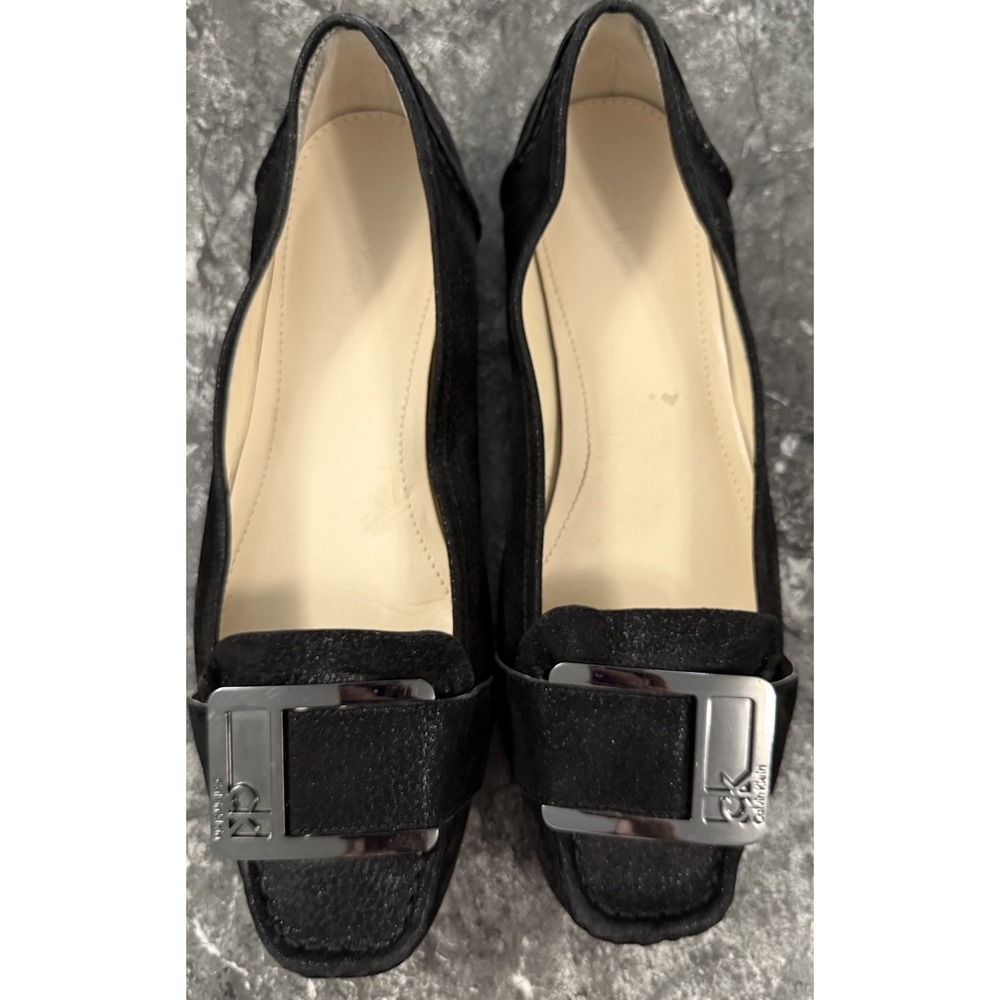 Calvin Klein Womens Meranda Tumbled Leather Flats Textured Sparkle Black Sz 10M‎